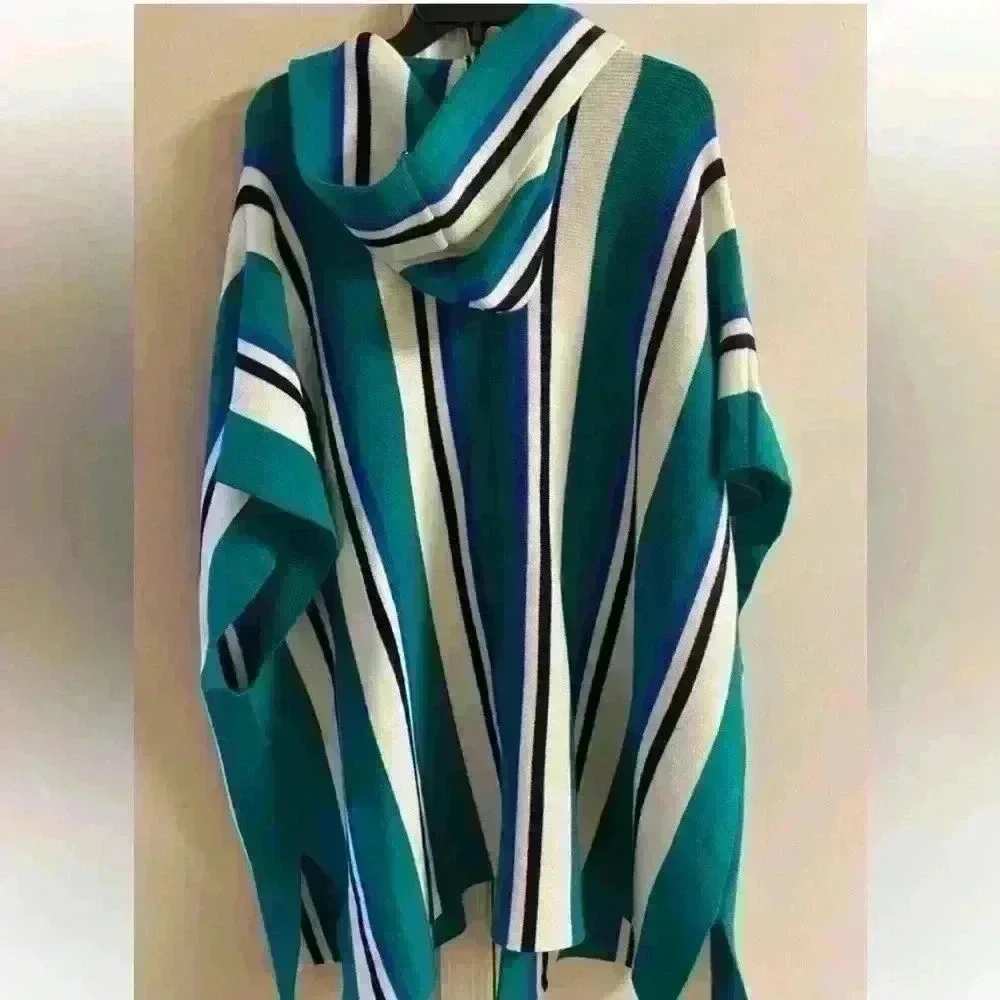 Free people‎ Boho Striped Hooded Poncho Teal Blue White Cozy Shawl Wrap One size